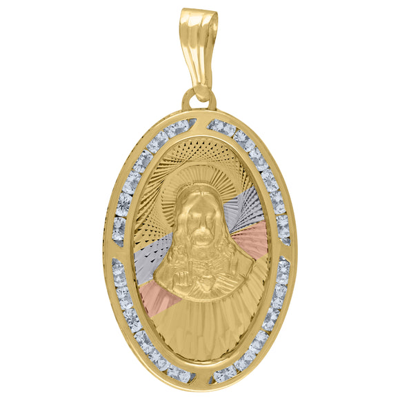 10kt Tri-Color Gold Unisex Cubic Zirconia Cubic-zirconia Religious Oval Charm Pendant