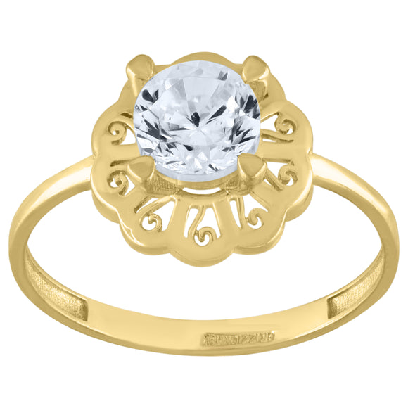 10kt Yellow Gold Womens Round Cubic Zirconia Floral Engagement Ring
