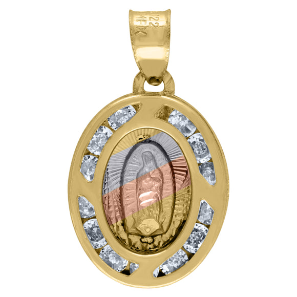 14kt Tri-color Gold Unisex CZ Textured Lady Of Guadalupe Religious Oval Medal Charm Pendant