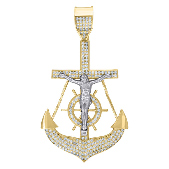 10kt Two-Tone Gold Womens Cubic-Zirconia Religious Anchor Crucifix Charm Pendant