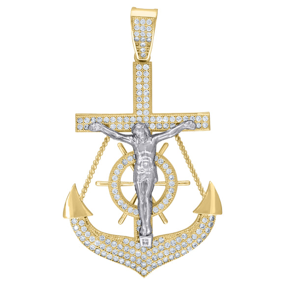 10kt Two-Tone Gold Womens Cubic-Zirconia Religious Anchor Crucifix Charm Pendant