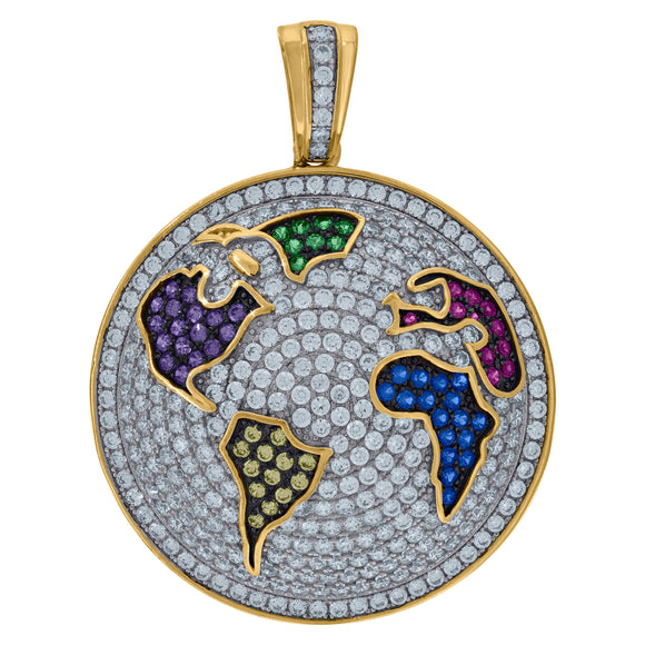 925 Sterling Silver Yellow-tone Mens Multi Colors Cubic Zirconia Globe World Map Multi Color Charm Pendant