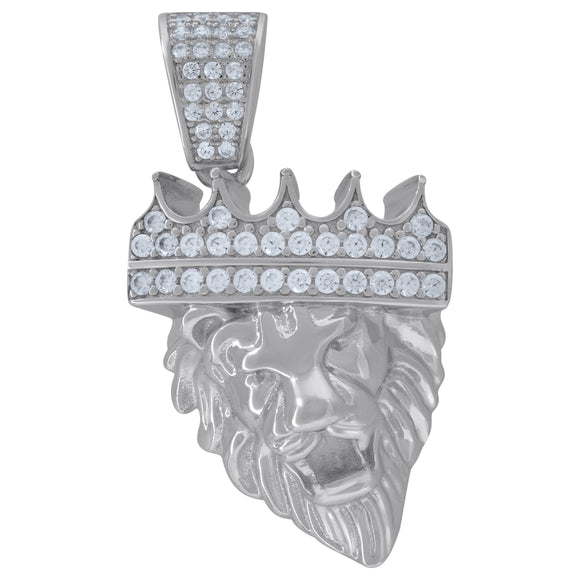 925 Sterling Silver Mens Cubic Zirconia Animal Lion Crown Head Charm Pendant