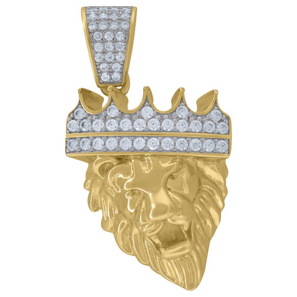 925 Sterling Silver Yellow-tone Mens Cubic Zirconia Animal Lion Crown Head Charm Pendant