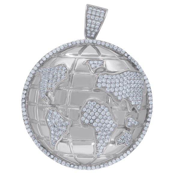 925 Sterling Silver Mens Cubic Zirconia Globe World Map Charm Pendant
