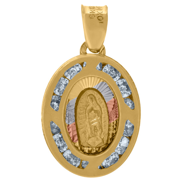 10kt Tri-color Gold Unisex Cubic-zirconia Diamond-cut Textured Lady Of Guadalupe Religious Oval Charm Pendant