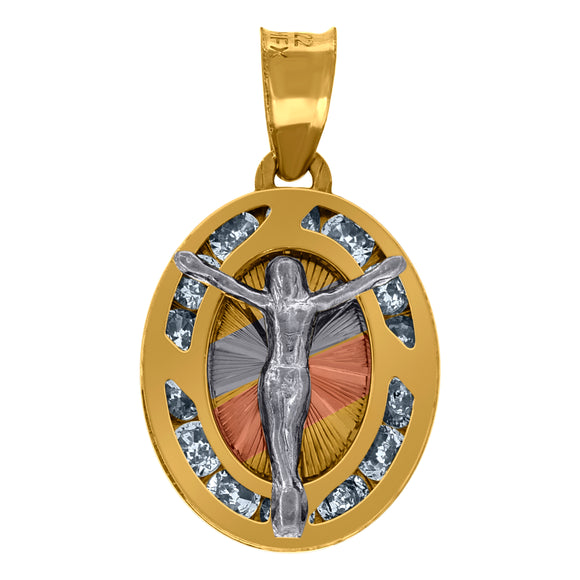 10kt Tri-color Gold Unisex Cubic-zirconia Textured Crucifix Religious Oval Charm Pendant