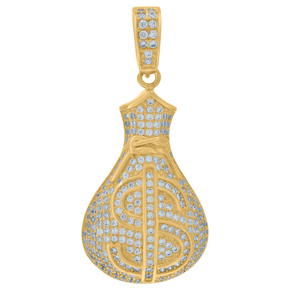 925 Sterling Silver Yellow-tone Mens Cubic Zirconia Gambling Money Bag Charm Pendant