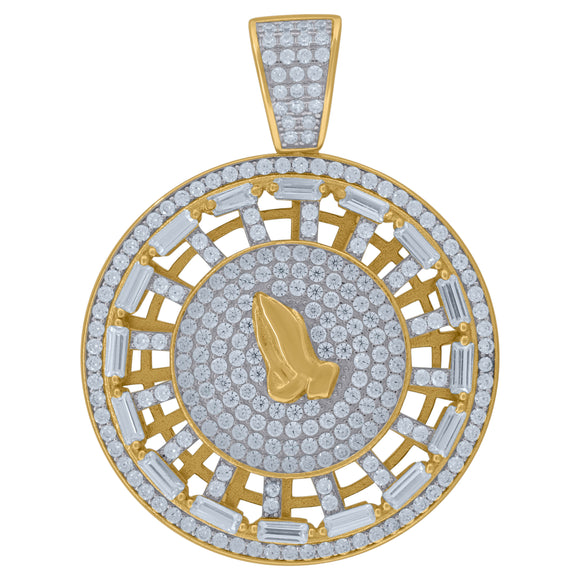 925 Sterling Silver Yellow-tone Mens Cubic Zirconia Religious Praying Hands Charm Pendant