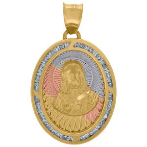 10kt Tri-color Gold Unisex Cubic-zirconia Textured Sacred Heart Of Jesus Religious Charm Pendant