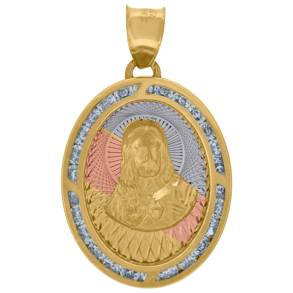 10kt Tri-color Gold Unisex Cubic-zirconia Textured Sacred Heart Of Jesus Religious Charm Pendant