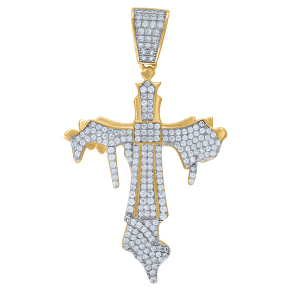 925 Sterling Silver Yellow-tone Unisex CZ Dripping Cross Religious Charm Pendant