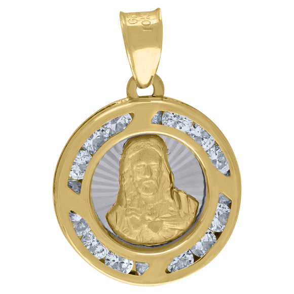 14kt Two-tone Gold Unisex CZ Textured Sacred Heart Of Jesus Religious Charm Pendant
