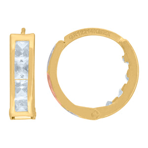 14kt Tri-color Gold Womens Princess-cut Cubic Zirconia Single Row Huggie Hoop Earrings
