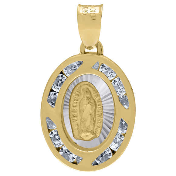 14kt Two-tone Gold Unisex CZ Textured Lady Of Guadalupe Religious Oval Charm Pendant