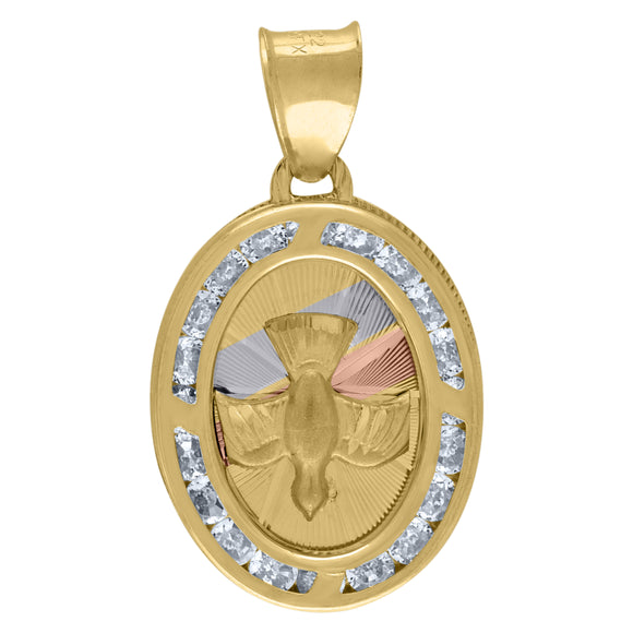 14kt Tri-color Gold Unisex CZ Textured Dove Peace Symbol Oval Charm Pendant