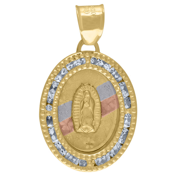14kt Tri-color Gold Unisex CZ Textured Lady Of Guadalupe Religious Floral Oval Charm Pendant