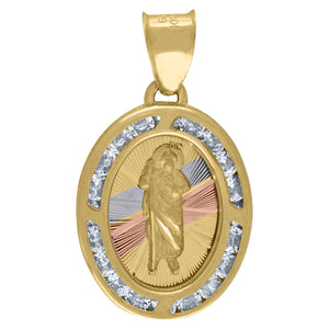 14kt Tri-color Gold Unisex CZ Textured Saint Jude Religious Oval Charm Pendant