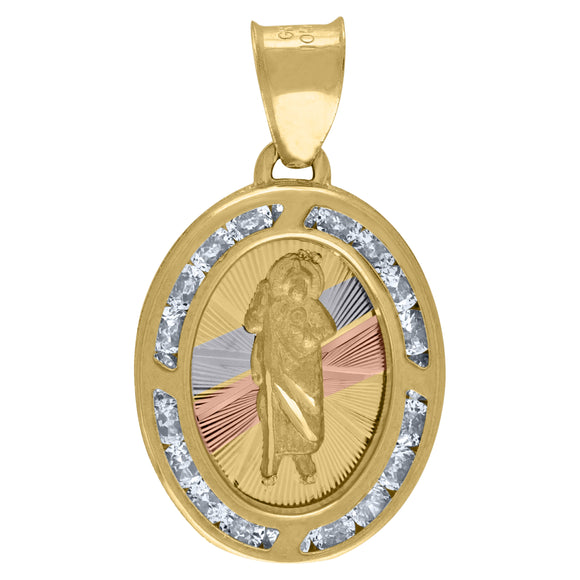 14kt Tri-color Gold Unisex CZ Textured Saint Jude Religious Oval Charm Pendant