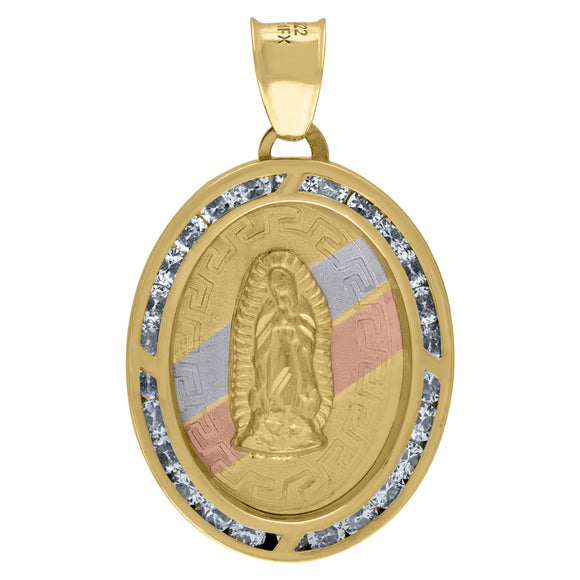 14kt Tri-color Gold Unisex CZ Textured Lady Of Guadalupe Religious Greek Oval Charm Pendant