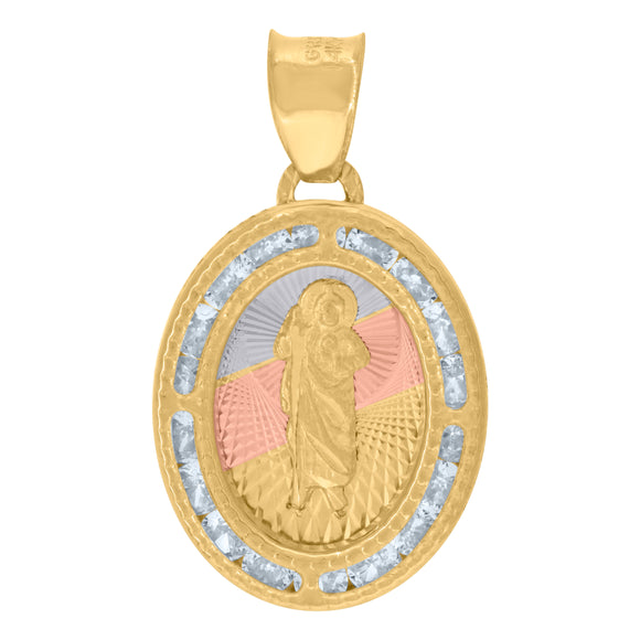 14kt Tri-color Gold Womens Cubic Zirconia Diamond-cut Textured Saint Jude Religious Charm Pendant