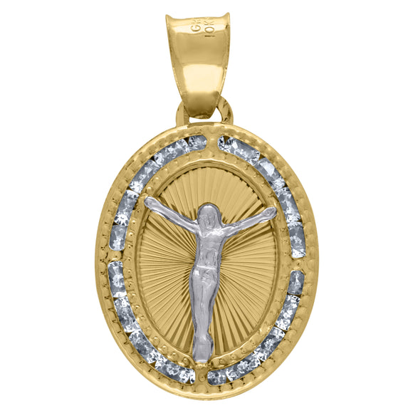 14kt Two-tone Gold Unisex CZ Crucifix Religious Oval Charm Pendant