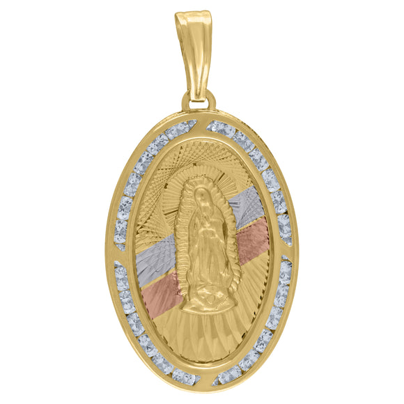 14kt Tri-color Gold Unisex CZ Textured Lady Of Guadalupe Religious Oval Charm Pendant