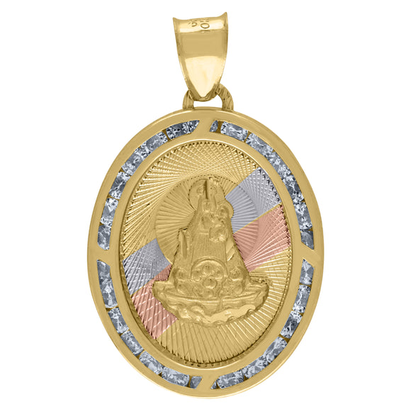 14kt Tri-color Gold Unisex CZ Textured Saint Barbara Religious Oval Charm Pendant