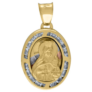 14kt Tri-color Gold Unisex CZ Textured Saint Barbara Religious Oval Charm Pendant