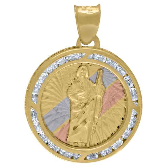 14kt Tri-color Gold Unisex CZ Saint Jude Religious Charm Pendant