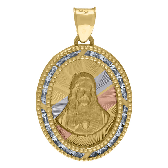 14kt Tri-color Gold Unisex CZ Textured Religious Charm Pendant