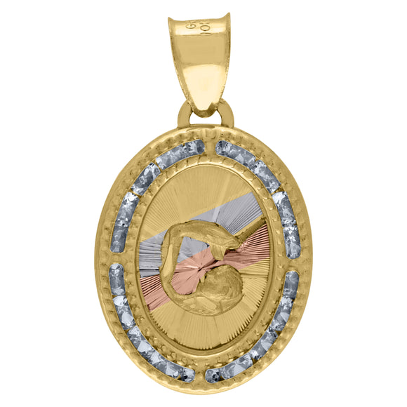 14kt Tri-color Gold Womens Cubic Zirconia Textured Baptism Bautizo Religious Charm Goodluck Pendant