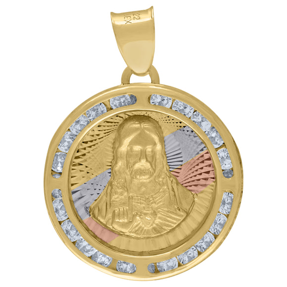 14kt Tri-color Gold Unisex Cubic Zirconia Textured Religious Jesus Charm Pendant