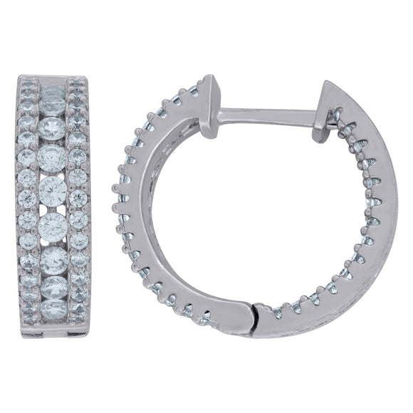 925 Sterling Silver Womens Cubic Zirconia Triple Row Huggie Hoop Earrings