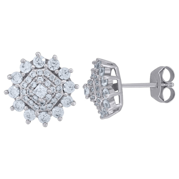 925 Sterling Silver Womens Cubic Zirconia Flower Motif Stud Earrings