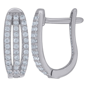 925 Sterling Silver Womens Cubic Zirconia Triple Row Huggie Hoop Earrings