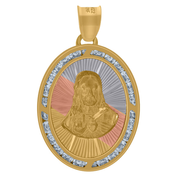 10kt Tri-color Gold Unisex Cubic-zirconia Textured Sacred Heart Of Jesus Religious Oval Charm Pendant