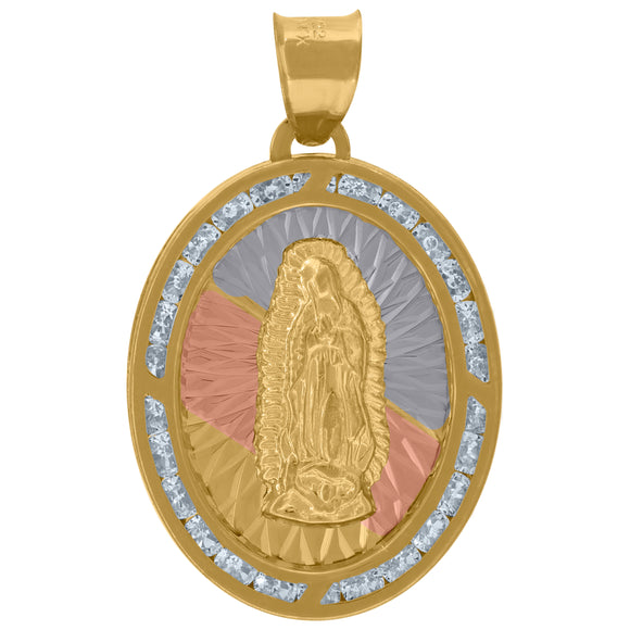10kt Tri-color Gold Unisex Cubic-zirconia Diamond-cut Lady Of Guadalupe Religious Oval Charm Pendant