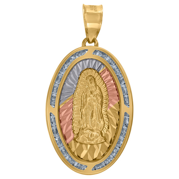 10kt Tri-color Gold Unisex Cubic-zirconia Diamond-cut Lady Of Guadalupe Religious Oval Charm Pendant
