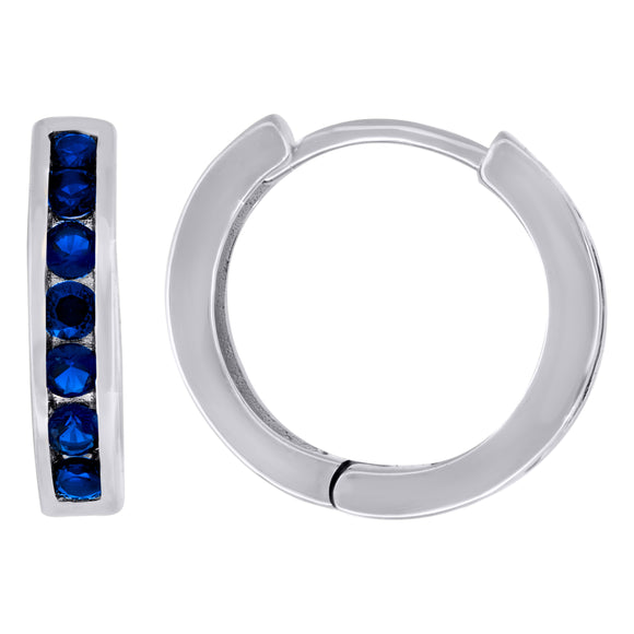 925 Sterling Silver Womens Blue Cubic Zirconia Single Row Huggie Hoop Earrings