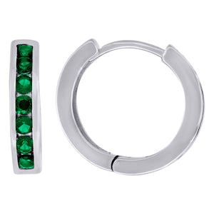 925 Sterling Silver Womens Green Cubic Zirconia Single Row Huggie Hoop Earrings