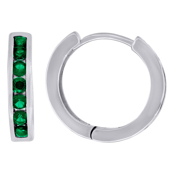 925 Sterling Silver Womens Green Cubic Zirconia Single Row Huggie Hoop Earrings