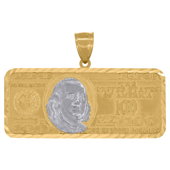 10kt Two-Tone Gold Mens 100 Dollar Bill Currency Diamond Cut Pendant