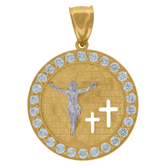 10kt Yellow Gold Unisex Cubic Zirconia Cubic-zirconia Crucifix Religious Round Medal Pendant