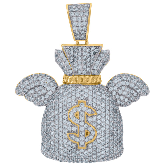 925 Sterling Silver Yellow-tone Mens Cubic Zirconia Gambling Money Bag Charm Pendant