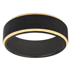 Tungsten Black Yellow Tone Mens Beveled Edges Brushed Comfort-fit Wedding Band 8mm Size-7