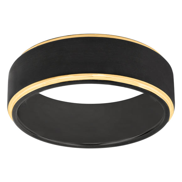 Tungsten Black Yellow Tone Mens Beveled Edges Brushed Comfort-fit Wedding Band 8mm Size-7