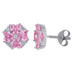 925 Sterling Silver Womens Pink Cubic Zirconia Heart Flower Motif Stud Earrings