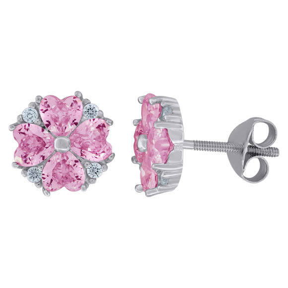 925 Sterling Silver Womens Pink Cubic Zirconia Heart Flower Motif Stud Earrings