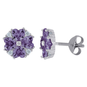 925 Sterling Silver Womens Purple Cubic Zirconia Heart Flower Motif Stud Earrings